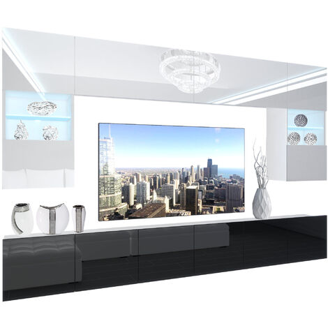 BELINI - Unité Murale TV NEX I Ensemble Muebles de Salon Complet I Ensemble Meuble TV avec Illumination LED I Dimensions: 300 x 180 x 36 cm I Coleur: Blanc très Brillant/Noir très Brillant