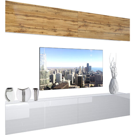 BELINI - Unité Murale TV NEX I Ensemble Muebles de Salon Complet I Ensemble Meuble TV avec Illumination LED I Dimensions: 200 x 180 x 36 cm I Coleur: chêne wotan/Blanc très Brillant (1/5)
