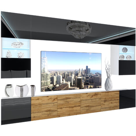 BELINI - Unité Murale TV NEX I Ensemble Muebles de Salon Complet I Ensemble Meuble TV avec Illumination LED I Dimensions: 300 x 180 x 36 cm I Coleur: Noir très Brillant/chêne wotan 3