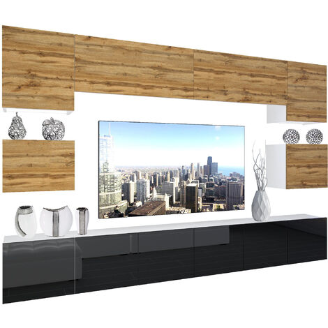 BELINI - Unité Murale TV NEX I Ensemble Muebles de Salon Complet I Ensemble Meuble TV avec Illumination LED I Dimensions: 300 x 180 x 36 cm I Coleur: chêne wotan/Noir très Brillant 1