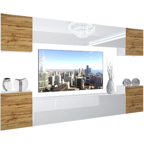 BELINI - Unité Murale TV NEX I Ensemble Muebles de Salon Complet I Ensemble Meuble TV avec Illumination LED I Dimensions: 300 x 180 x 36 cm I Coleur: chêne wotan/Blanc très Brillant 2 (1/5)