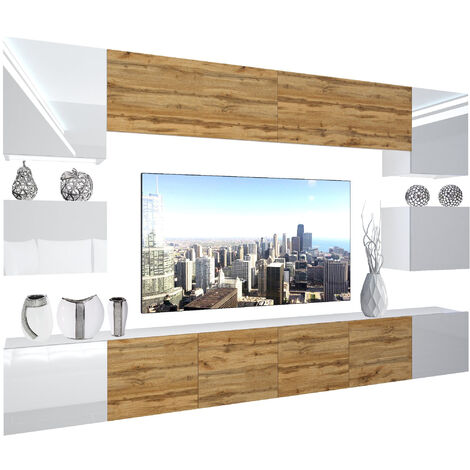 BELINI - Unité Murale TV NEX I Ensemble Muebles de Salon Complet I Ensemble Meuble TV avec Illumination LED I Dimensions: 300 x 180 x 36 cm I Coleur: Blanc très Brillant/chêne wotan 2