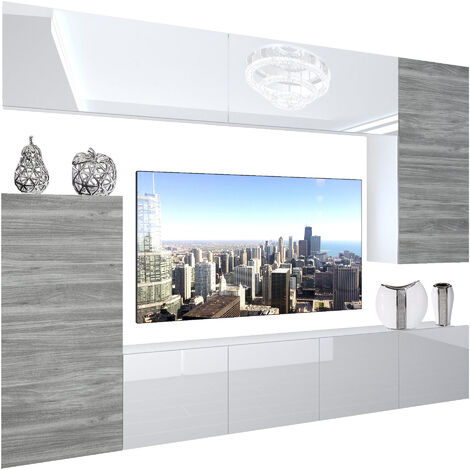BELINI - Unité Murale TV NEX I Ensemble Muebles de Salon Complet I Ensemble Meuble TV avec Illumination LED I Dimensions: 250 x 180 x 36 cm I Coleur: Blanc très Brillant/chêne Glamour 2
