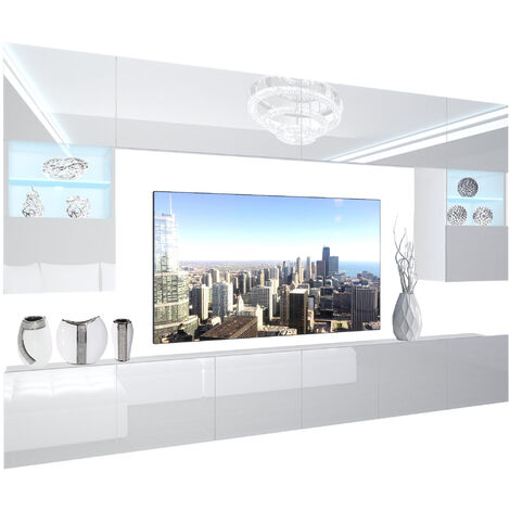 Belini – Ensemble meuble TV complet avec éclairage LED – Dimensions 300 x 180 x 36 cm – Panneaux mélaminés – Finitions blanc brillant