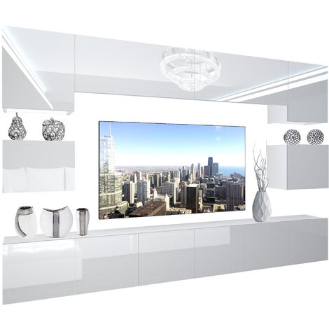 Belini – Ensemble meuble TV mural NEX – Dimensions 300 x 180 x 36 cm – Panneaux de particules mélaminés – Éclairage LED multicolore inclus
