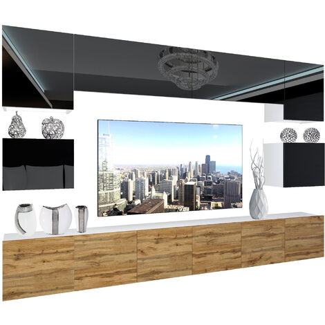 BELINI - Unité Murale TV NEX I Ensemble Muebles de Salon Complet I Ensemble Meuble TV avec Illumination LED I Dimensions: 300 x 180 x 36 cm I Coleur: Noir très Brillant/chêne wotan 1