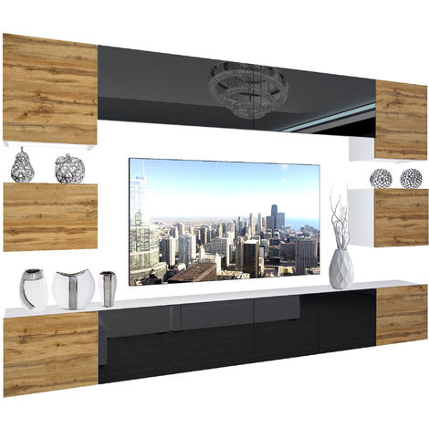 BELINI - Unité Murale TV NEX I Ensemble Muebles de Salon Complet I Ensemble Meuble TV avec Illumination LED I Dimensions: 300 x 180 x 36 cm I Coleur: chêne wotan/Noir très Brillant 2