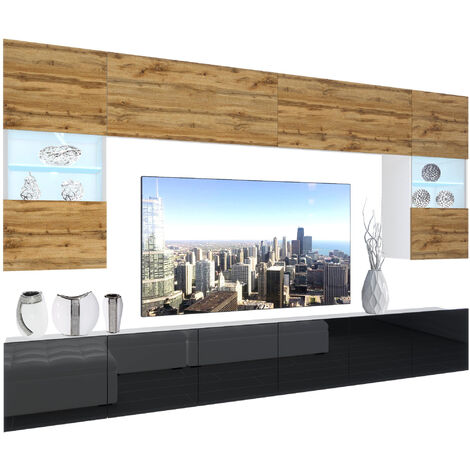 BELINI - Unité Murale TV NEX I Ensemble Muebles de Salon Complet I Ensemble Meuble TV avec Illumination LED I Dimensions: 300 x 180 x 36 cm I Coleur: chêne wotan/Noir très Brillant 1