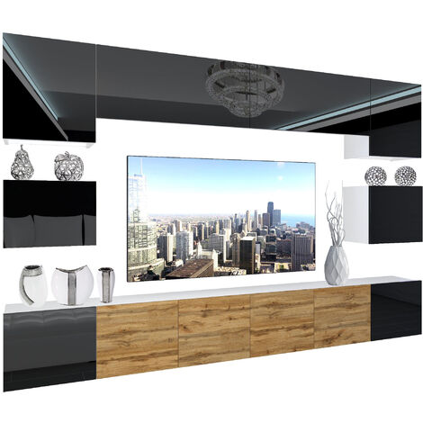 BELINI - Unité Murale TV NEX I Ensemble Muebles de Salon Complet I Ensemble Meuble TV avec Illumination LED I Dimensions: 300 x 180 x 36 cm I Coleur: Noir très Brillant/chêne wotan 3