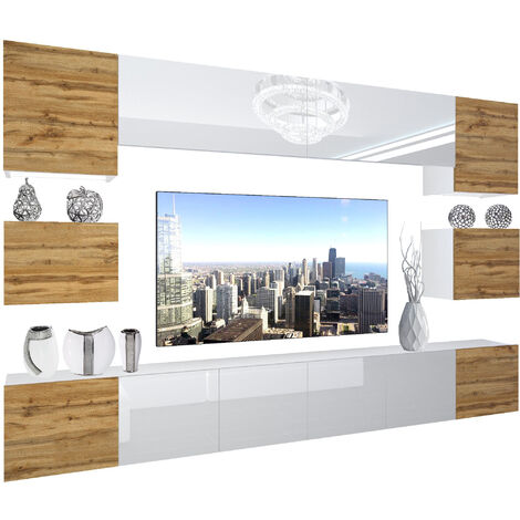 BELINI - Unité Murale TV NEX I Ensemble Muebles de Salon Complet I Ensemble Meuble TV avec Illumination LED I Dimensions: 300 x 180 x 36 cm I Coleur: chêne wotan/Blanc très Brillant