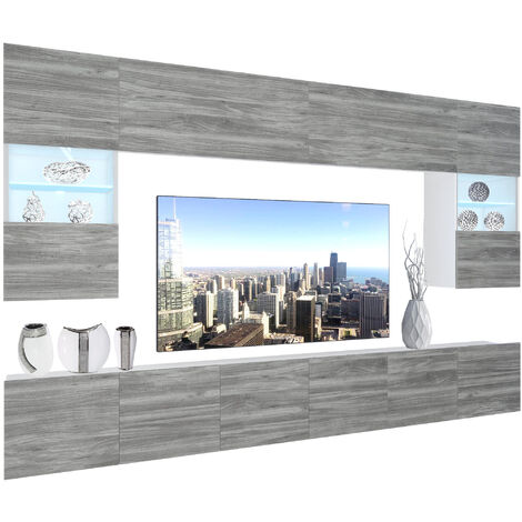 Belini – Ensemble meuble TV avec éclairage LED – Dimensions 300 x 180 x 36 cm – Chêne glamour – Meuble-paroi moderne et fonctionnel