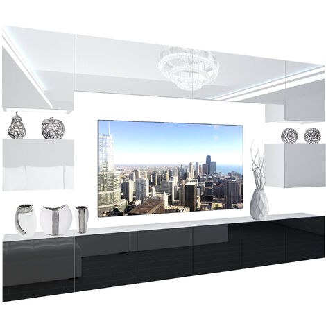 BELINI - Unité Murale TV NEX I Ensemble Muebles de Salon Complet I Ensemble Meuble TV avec Illumination LED I Dimensions: 300 x 180 x 36 cm I Coleur: Blanc très Brillant/Noir très Brillant 1 (1/5)