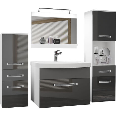 Belini – Ensemble de meubles de salle de bain avec lavabo 60 cm – Miroir 60x50 cm – 2 armoires suspendues 30x113,5 cm – Kit d'éclairage LED inclus (1/4)