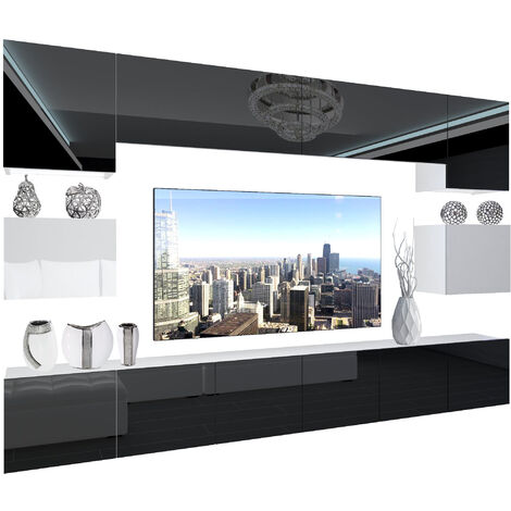 BELINI - Unité Murale TV NEX I Ensemble Muebles de Salon Complet I Ensemble Meuble TV avec Illumination LED I Dimensions: 300 x 180 x 36 cm I Coleur: Noir très Brillant/Blanc très Brillant