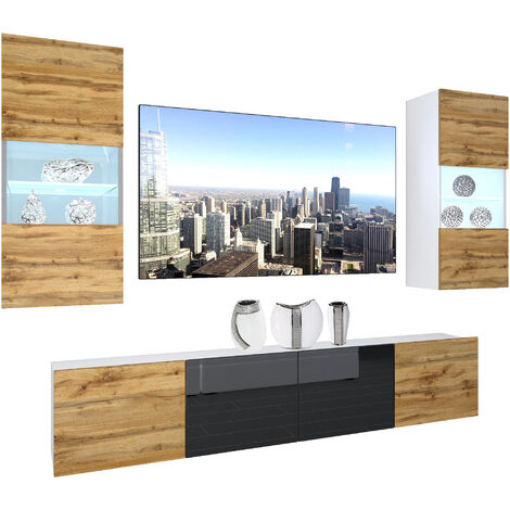 BELINI - Unité Murale TV NEX I Ensemble Muebles de Salon Complet I Ensemble Meuble TV avec Illumination LED I Dimensions: 200 x 180 x 36 cm I Coleur: chêne wotan/Noir très Brillant 2 (1/5)