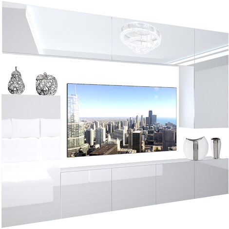BELINI - Unité Murale TV NEX I Ensemble Muebles de Salon Complet I Ensemble Meuble TV avec Illumination LED I Dimensions: 250 x 180 x 36 cm I Coleur: Blanc très Brillant
