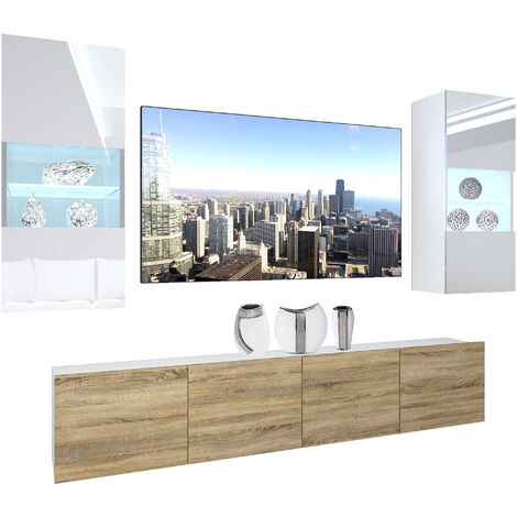 BELINI - Unité Murale TV NEX I Ensemble Muebles de Salon Complet I Ensemble Meuble TV avec Illumination LED I Dimensions: 200 x 180 x 36 cm I Coleur: Blanc très Brillant/chêne Sonoma (1/5)