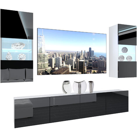 BELINI - Unité Murale TV NEX I Ensemble Muebles de Salon Complet I Ensemble Meuble TV avec Illumination LED I Dimensions: 200 x 180 x 36 cm I Coleur: Noir très Brillant (1/5)