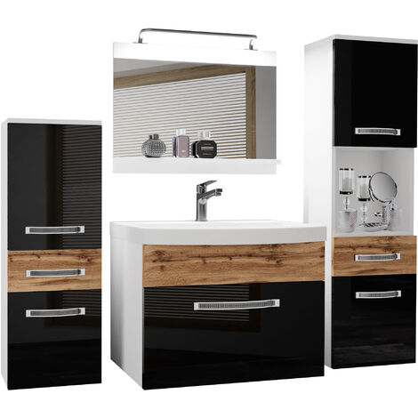 BELINI Meuble de Salle de Bain Lavabo Inclus, Meuble sous-Vasque, Miroir et 2X Cabinet Largeur: 140 cm Kit d'éclairage Inclus Couleur : Noir très Brillant/chêne wotan (1/4)