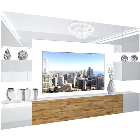 BELINI - Unité Murale TV NEX I Ensemble Muebles de Salon Complet I Ensemble Meuble TV avec Illumination LED I Dimensions: 300 x 180 x 36 cm I Coleur: Blanc très Brillant/chêne wotan 3