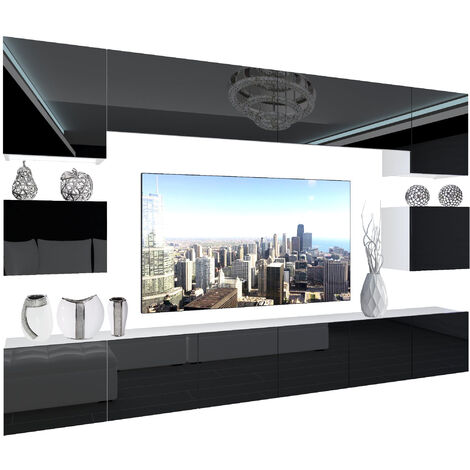 BELINI - Unité Murale TV NEX I Ensemble Muebles de Salon Complet I Ensemble Meuble TV avec Illumination LED I Dimensions: 300 x 180 x 36 cm I Coleur: Noir très Brillant
