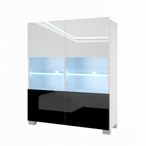 Belini – Commode moderne 2 portes vitrées – Dimensions 36 x 100 x 115 cm – Corps en panneaux de particules – Finition blanc et noir brillant (1/5)