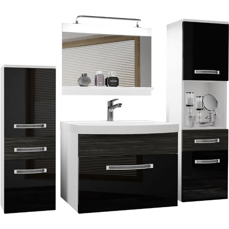 BELINI Meuble de Salle de Bain Lavabo Inclus, Meuble sous-Vasque, Miroir et 2X Cabinet Largeur: 140 cm Kit d'éclairage Inclus Couleur : Noir très Brillant/ébène Royal (1/4)