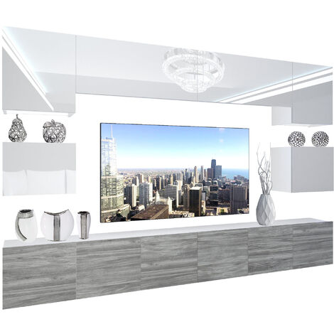 BELINI - Unité Murale TV NEX I Ensemble Muebles de Salon Complet I Ensemble Meuble TV avec Illumination LED I Dimensions: 300 x 180 x 36 cm I Coleur: Blanc très Brillant/chêne Glamour