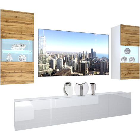 BELINI - Unité Murale TV NEX I Ensemble Muebles de Salon Complet I Ensemble Meuble TV avec Illumination LED I Dimensions: 200 x 180 x 36 cm I Coleur: chêne wotan/Blanc très Brillant 1 (1/5)
