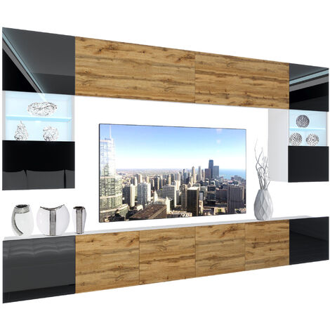 BELINI - Unité Murale TV NEX I Ensemble Muebles de Salon Complet I Ensemble Meuble TV avec Illumination LED I Dimensions: 300 x 180 x 36 cm I Coleur: Noir très Brillant/chêne wotan 2