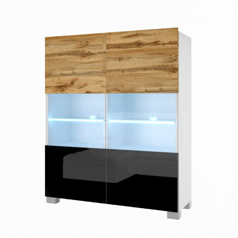 BELINI Commode Chambre ou Salon NEX KOM I Meubles de Salon avec 2 Portes Vitrées I Teille: 36 x 100 x 115 cm I Commode Salon, Rangement - Couleur: chêne wotan/Noir très Brillant (1/5)