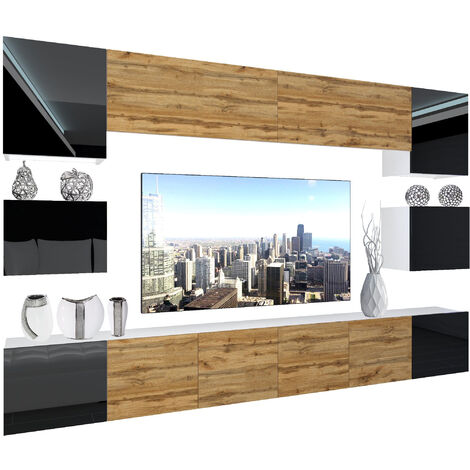 BELINI - Unité Murale TV NEX I Ensemble Muebles de Salon Complet I Ensemble Meuble TV avec Illumination LED I Dimensions: 300 x 180 x 36 cm I Coleur: Noir très Brillant/chêne wotan 2