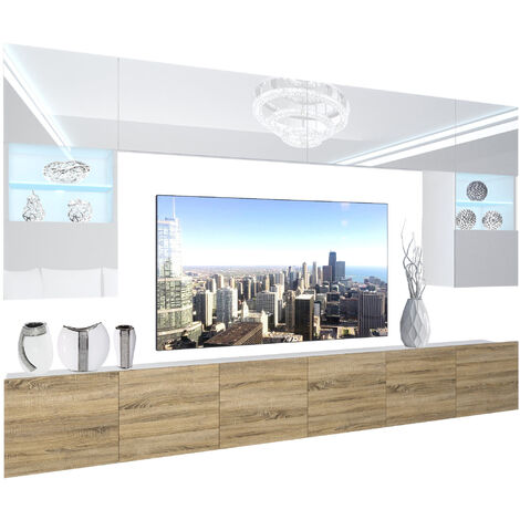 BELINI - Unité Murale TV NEX I Ensemble Muebles de Salon Complet I Ensemble Meuble TV avec Illumination LED I Dimensions: 300 x 180 x 36 cm I Coleur: Blanc très Brillant/chêne Sonoma