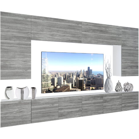 Belini – Ensemble meuble TV mural NEX I – Dimensions 300 x 180 x 36 cm – Finition chêne Glamour – Éclairage LED multicolore télécommandé