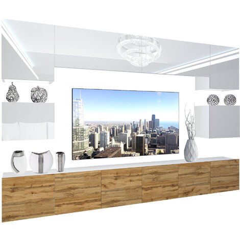 BELINI - Unité Murale TV NEX I Ensemble Muebles de Salon Complet I Ensemble Meuble TV avec Illumination LED I Dimensions: 300 x 180 x 36 cm I Coleur: Blanc très Brillant/chêne wotan 1