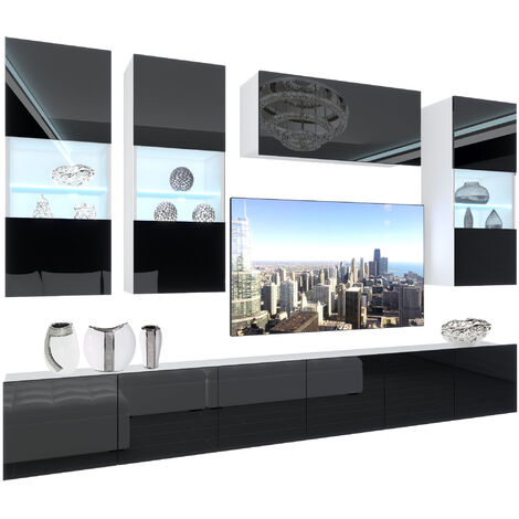 BELINI - Unité Murale TV NEX I Ensemble Muebles de Salon Complet I Ensemble Meuble TV avec Illumination LED I Dimensions: 300 x 180 x 36 cm I Coleur: Noir très Brillant (1/5)