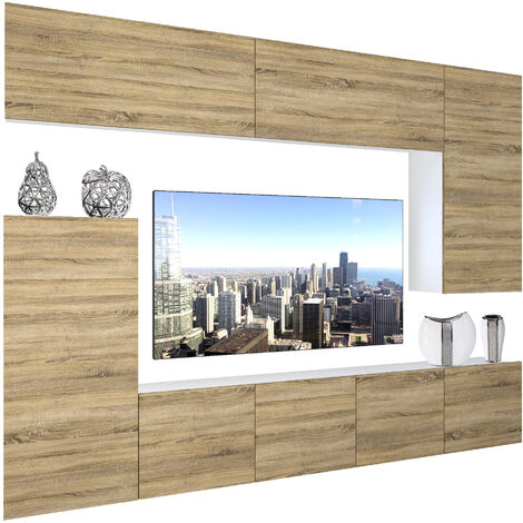 Belini – Ensemble meuble TV avec éclairage LED – Dimensions 250 x 180 x 36 cm – Finition chêne Sonoma – Matériau panneaux de particules 16 mm