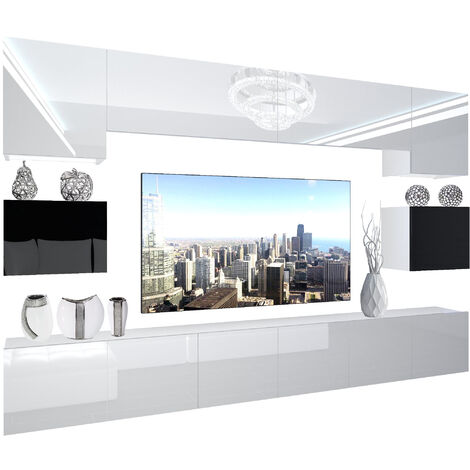 BELINI - Unité Murale TV NEX I Ensemble Muebles de Salon Complet I Ensemble Meuble TV avec Illumination LED I Dimensions: 300 x 180 x 36 cm I Coleur: Blanc très Brillant/Noir très Brillant 2