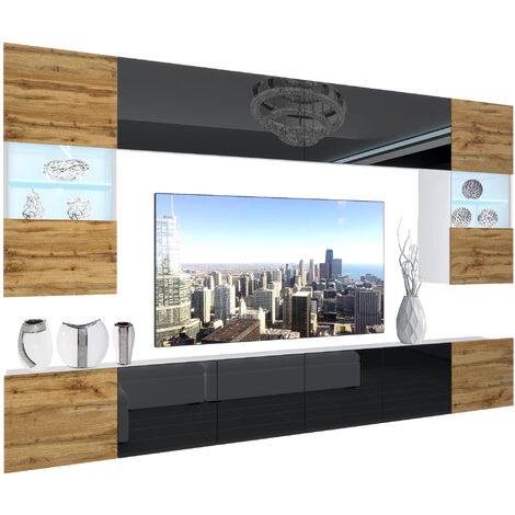 BELINI - Unité Murale TV NEX I Ensemble Muebles de Salon Complet I Ensemble Meuble TV avec Illumination LED I Dimensions: 300 x 180 x 36 cm I Coleur: chêne wotan/Noir très Brillant 2