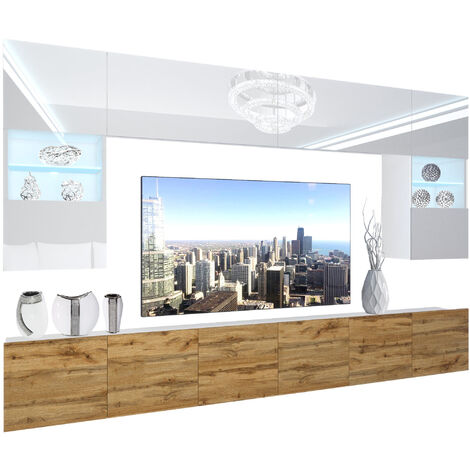 BELINI - Unité Murale TV NEX I Ensemble Muebles de Salon Complet I Ensemble Meuble TV avec Illumination LED I Dimensions: 300 x 180 x 36 cm I Coleur: Blanc très Brillant/chêne wotan 1