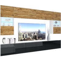 BELINI - Unité Murale TV NEX I Ensemble Muebles de Salon Complet I Ensemble Meuble TV avec Illumination LED I Dimensions: 300 x 180 x 36 cm I Coleur: chêne wotan/Noir très Brillant 1