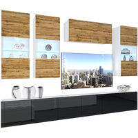 BELINI - Unité Murale TV NEX I Ensemble Muebles de Salon Complet I Ensemble Meuble TV avec Illumination LED I Dimensions: 300 x 180 x 36 cm I Coleur: chêne wotan/Noir très Brillant