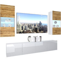 BELINI - Unité Murale TV NEX I Ensemble Muebles de Salon Complet I Ensemble Meuble TV avec Illumination LED I Dimensions: 200 x 180 x 36 cm I Coleur: chêne wotan/Blanc très Brillant 1