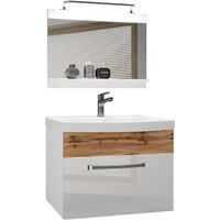 BELINI Meuble de Salle de Bain Lavabo Inclus, Meuble sous-Vasque et Miroir de Salle de Bains Largeur: 60 cm Kit d'éclairage Inclus Couleur : Blanc très Brillant/chêne wotan