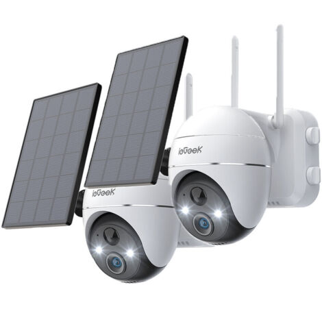 ieGeek 2Stk. 2K Solar Überwachungskamera Aussen Akku, 355°/140° Pan Tilt Kabellose  mit Farbnachtsicht, PIR Bewegungsmelder, Sirene/Weißlichtalarm, 2-Wege-Audio, IP65, Cloud/SD Storage