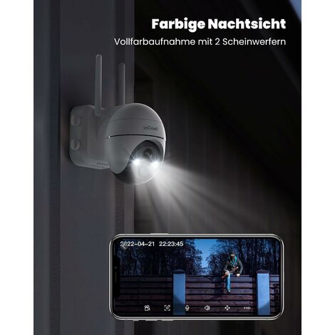 ieGeek 2Stk. 2K Solar Überwachungskamera Aussen Akku, 355°/140° Pan Tilt Kabellose  mit Farbnachtsicht, PIR Bewegungsmelder, Sirene/Weißlichtalarm, 2-Wege-Audio, IP65, Cloud/SD Storage