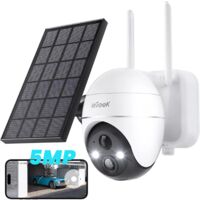 iegeek 5MP caméra de sécurité extérieure sans fil, caméra solaire extérieure sans fil WiFi 360 ° batterie PTZ avec Spot et Sirène / détection de mouvement / vision nocturne couleur / 2 - way audio