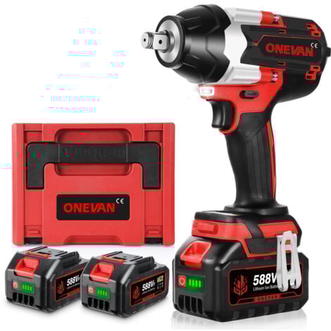 ONEVAN 1800Nm Clé à Chocs Sans Fil Brushless,3 vitesses,1/2 " Boulonneuse a Choc avec 2x588VF Batterie - coffret de transport - rouge