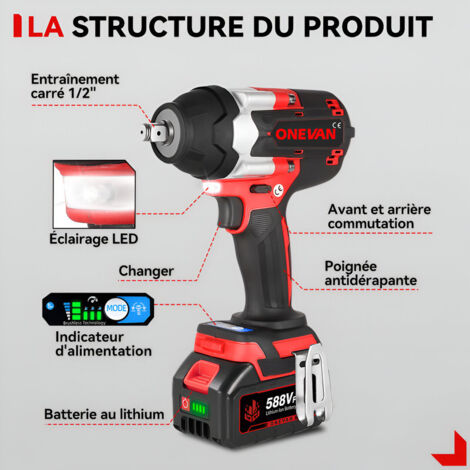 Clé à Chocs Sans Fil Brushless 1/2" 1500 Nm - Kit Avec 2 Batteries 4.0 Ah Et 5 Douilles - Pour Voiture, Camionnette, Tondeuse