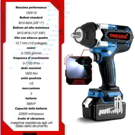 ONEVAN Clé à Chocs sans fil Brushless 1800 Nm,3 vitesses,1/2 " Boulonneuse a Choc avec 2x588VF Batterie - coffret de transport - bleu
